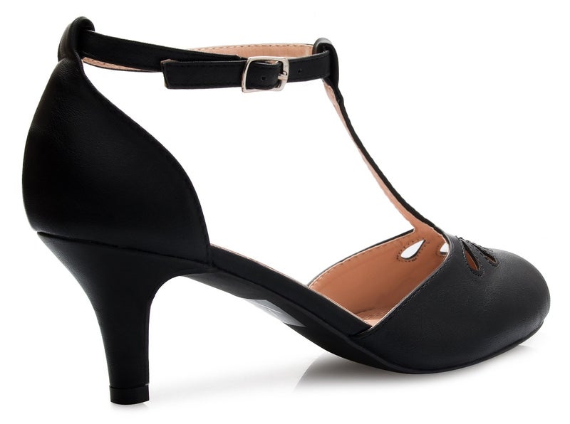 Olivia K Women's Kitten Low Heels T-Strap Pumps - Adorable Vintage Retro Shoes with T Strap - Unique Upper Cut Out Design - Image 3